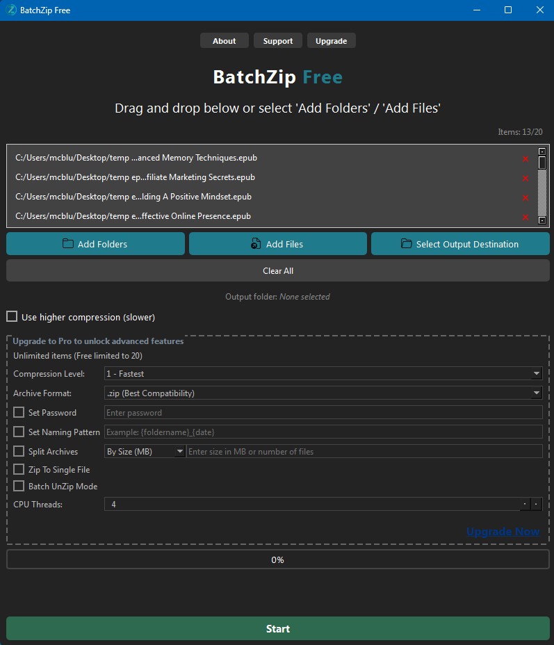 BatchZip free version