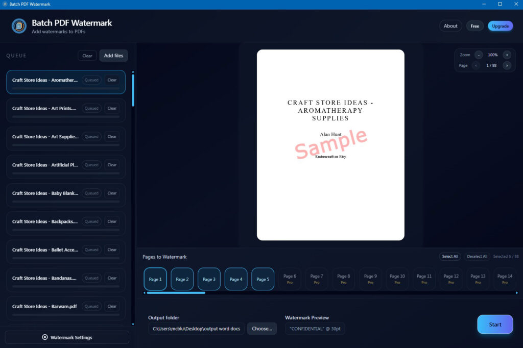 Batch PDF Watermark — free version UI