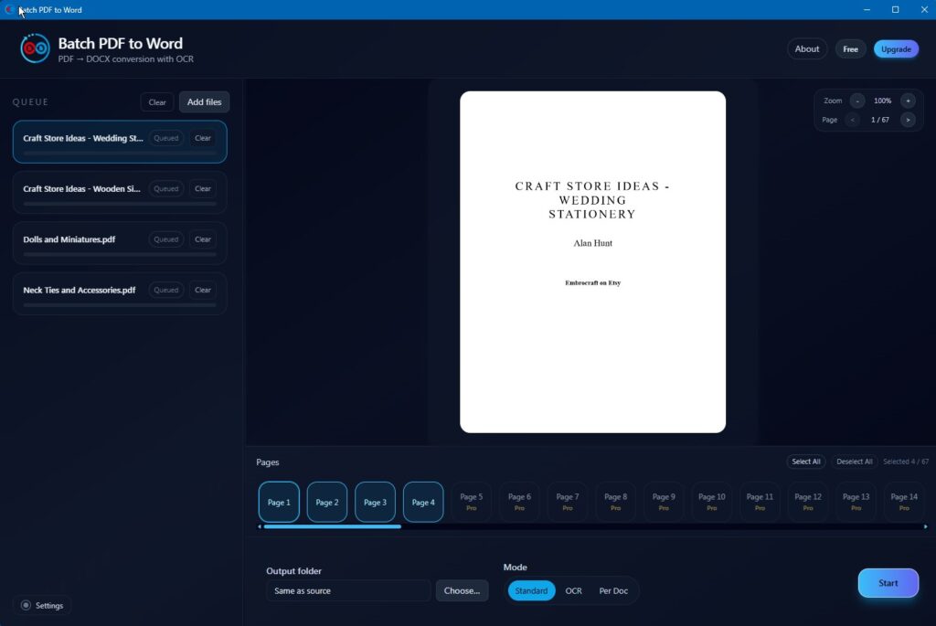 Batch PDF to Word — free version UI