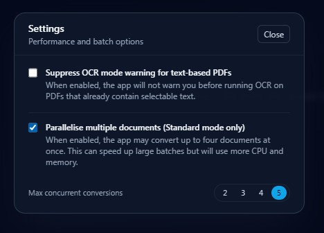 Settings — parallelise option