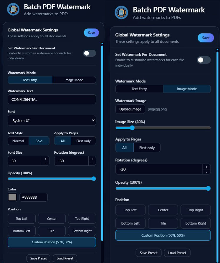 Watermark text and image settings